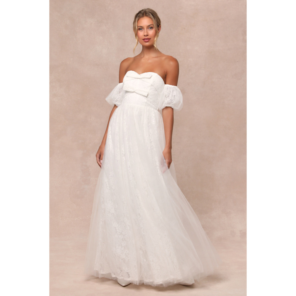 Lulus Complete Romantic White Lace Off-the-shoulder Bow Maxi Dress - Size XL